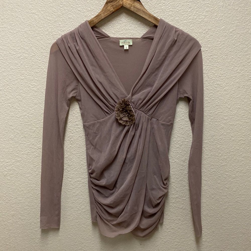 Petit Pois by Viviana G. Nylon Mesh V Neck Gathered Top Small